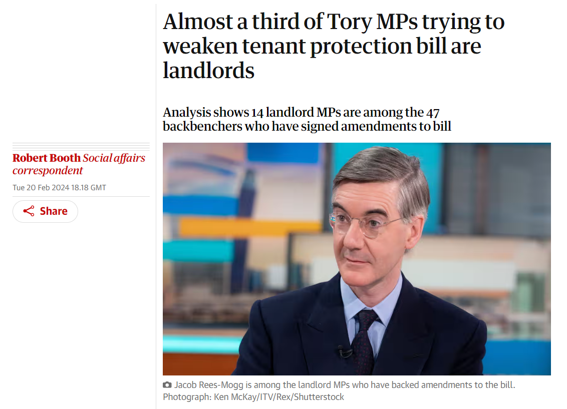 By Robert Booth, Guardian Social Affairs Correspondent: Almost a third of Tory MPs trying to weaken tenant protection bill are landlords