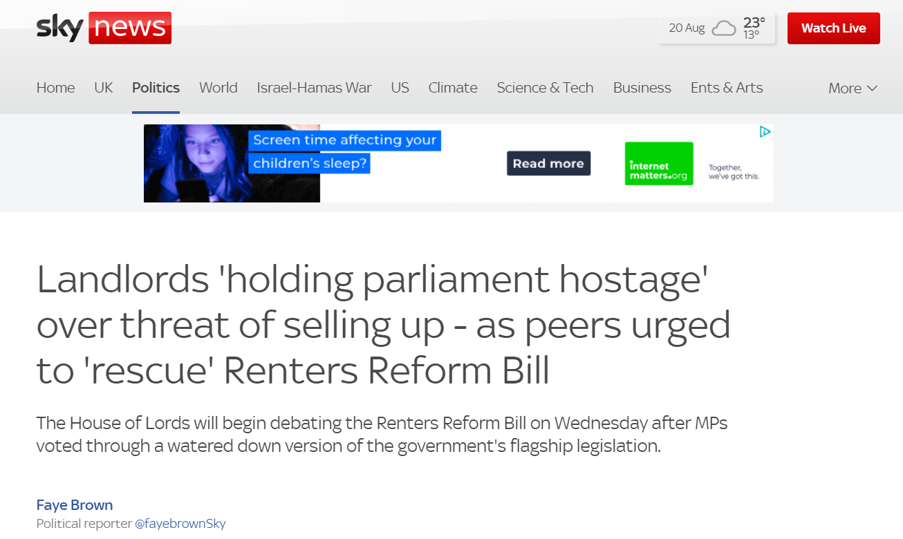 Faye Brown, Sky News: Landlords 'holding parliament hostage' over threat of selling up - as peers urged to 'rescue' Renters Reform Bill