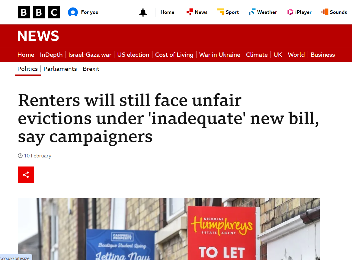 Harry Farley, BBC: Renters will still face unfair evictions under 'inadequate' new bill, say campaigners