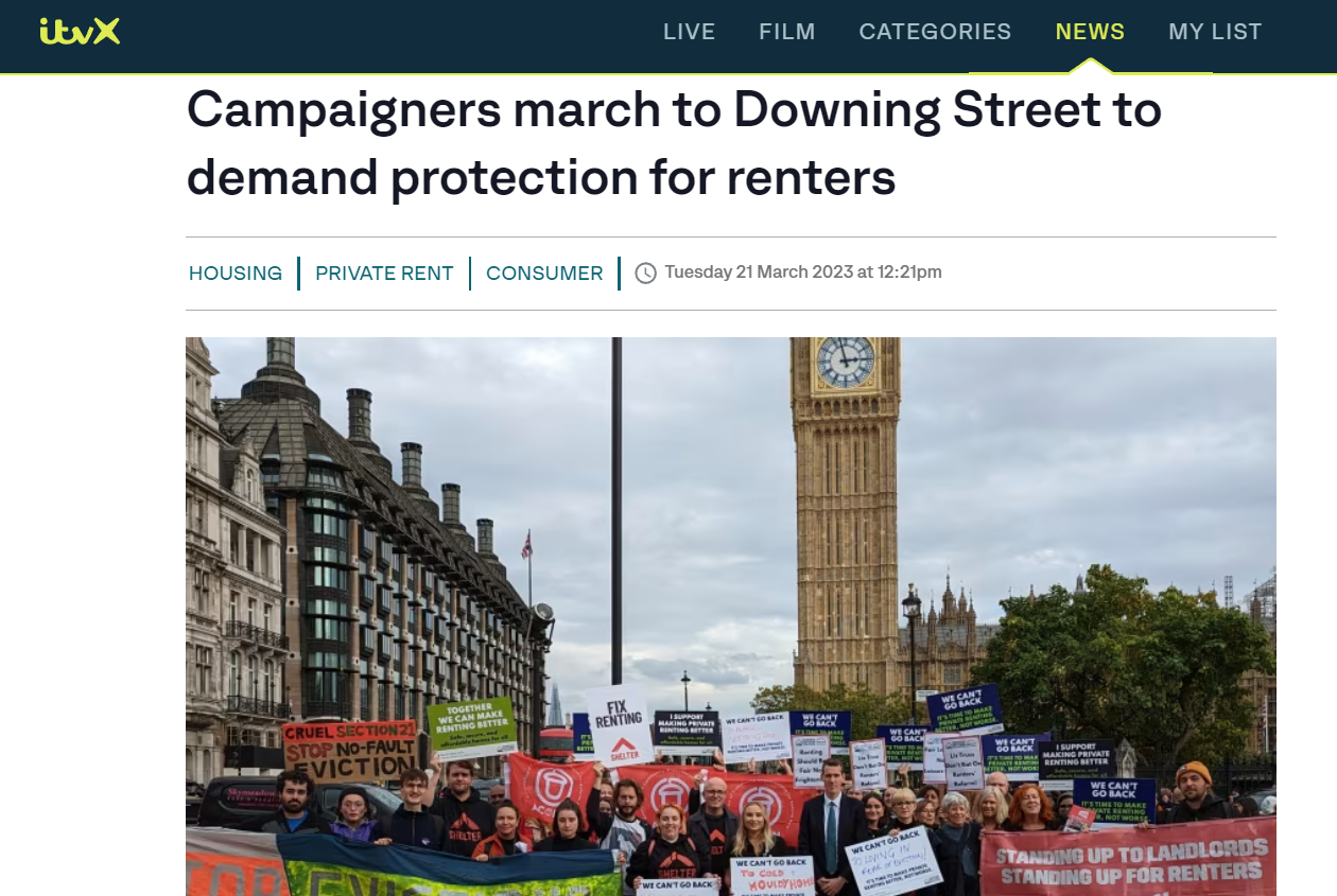 ITV News: Campaigners march to Downing Street to demand protection for renters
