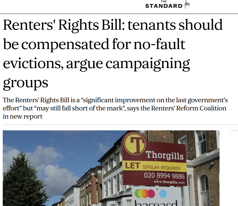 By Emma Magnus, Evening Standard: Renters' Rights Bill: tenants should be compensated for no-fault evictions, argue campaigning groups