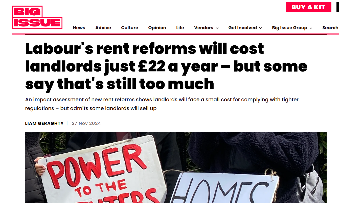 Liam Geraghty, The Big Issue: Labour's rent reforms will cost landlords just £22 a year – but some say that's still too much
