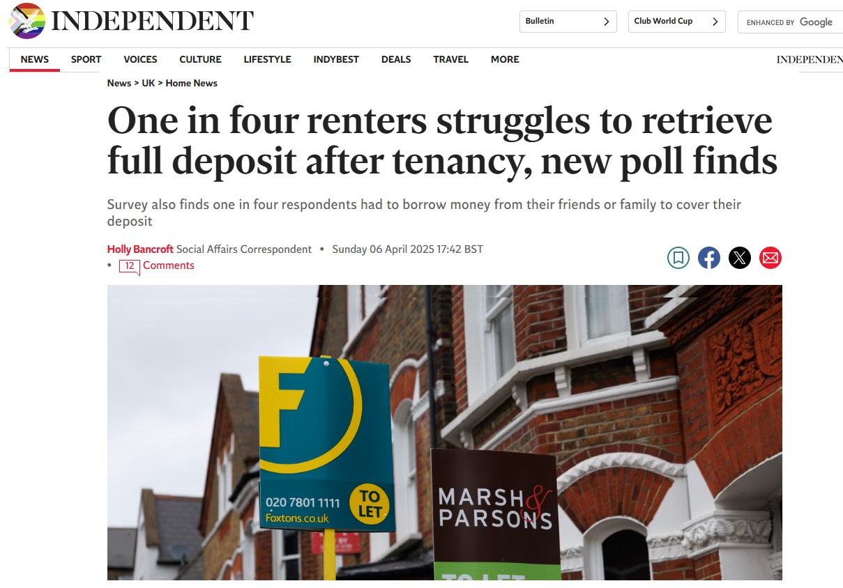 Holly Bancroft, the Independent: One in four renters struggles to retrieve full deposit after tenancy, new poll finds