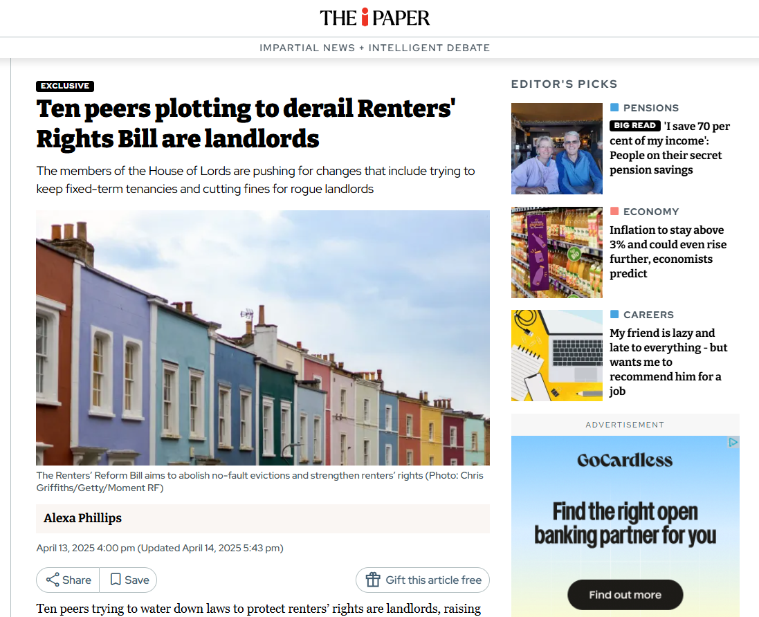 Alexa Phillips, the i: Ten peers plotting to derail Renters' Rights Bill are landlords
