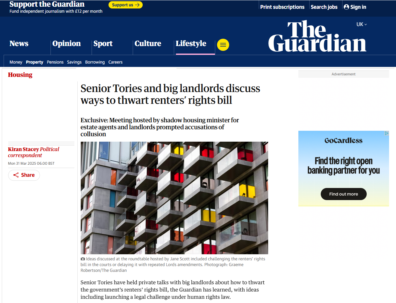 Kiran Stacey, The Guardian: Senior Tories and big landlords discuss ways to thwart renters’ rights bill