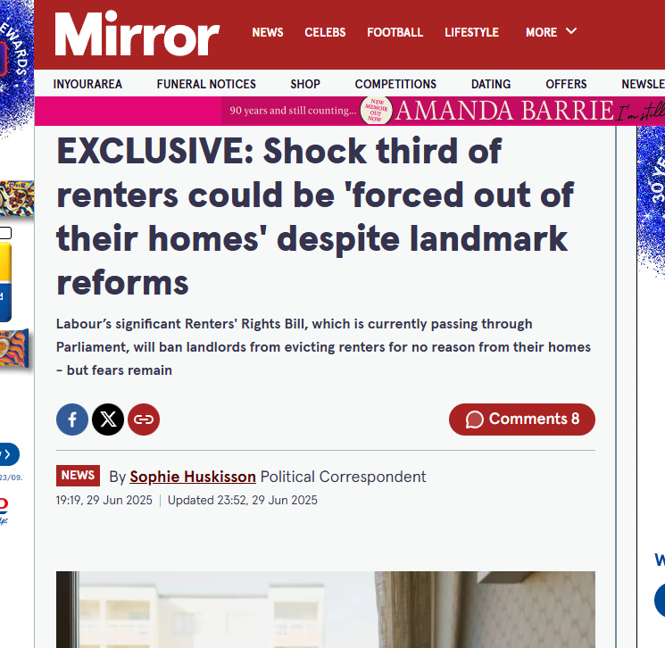 Sophie Huskisson, The Mirror: EXCLUSIVE: Shock third of renters could be 'forced out of their homes' despite landmark reforms