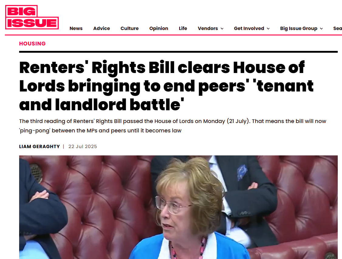 Liam Geraghty, Big Issue: 'Renters' Rights Bill clears House of Lords bringing to end peers' 'tenant and landlord battle''