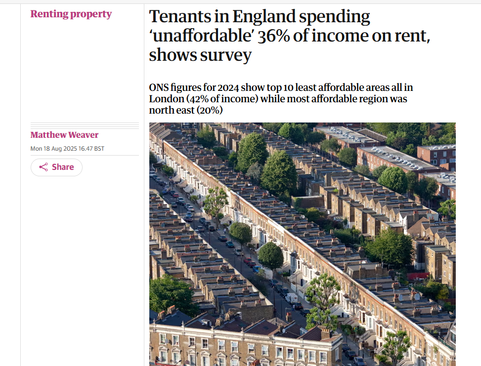 Matthew Weaver, The Guardian: 'Tenants in England spending ‘unaffordable’ 36% of income on rent, shows survey'