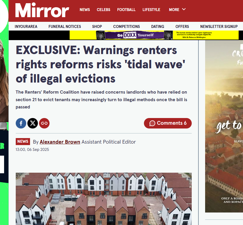 Alexander Brown, The Daily Mirror, 'Warnings renters rights reforms risks 'tidal wave' of illegal evictions'