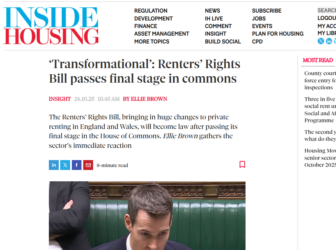 Ellie Brown, Inside Housing: ‘Transformational’: Renters’ Rights Bill passes final stage in commons