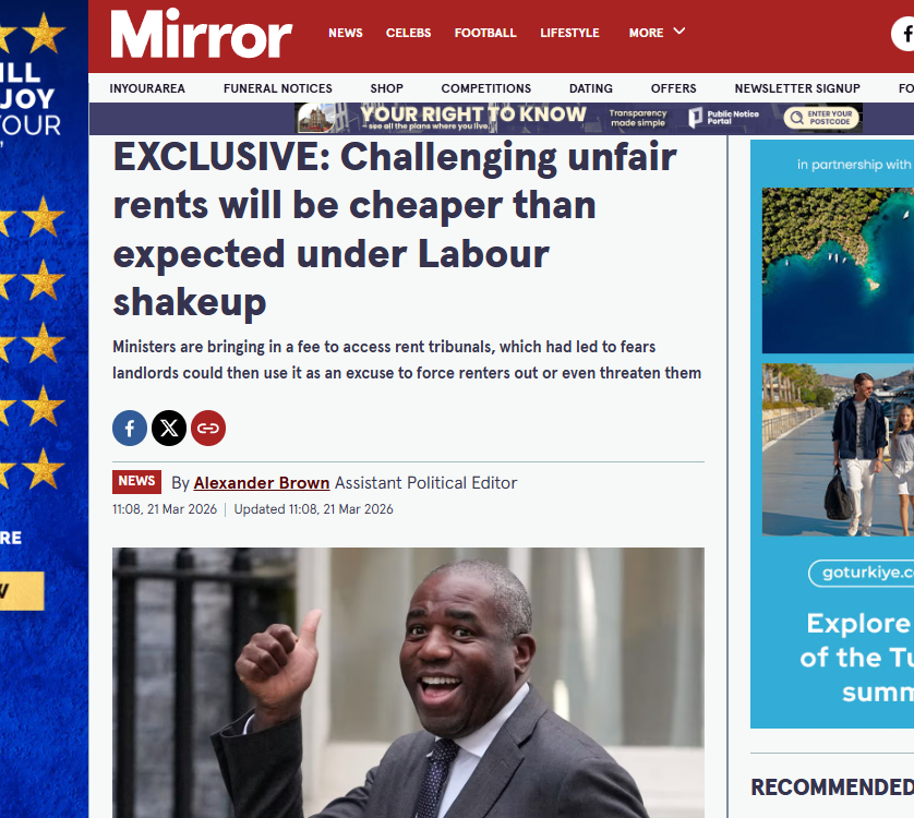Alexander Brown, The Daily Mirror: EXCLUSIVE: Challenging unfair rents will be cheaper than expected under Labour shakeup