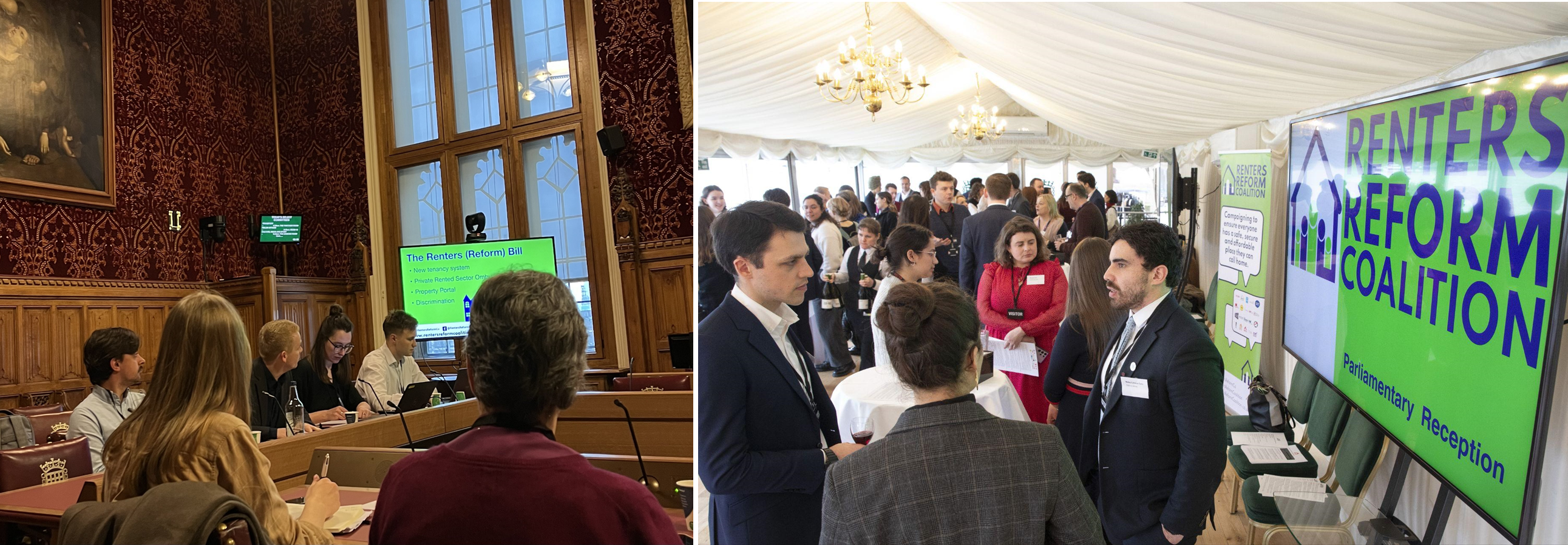 RRC events, Briefing in House of Lords on left and Parliamentary Reception on right