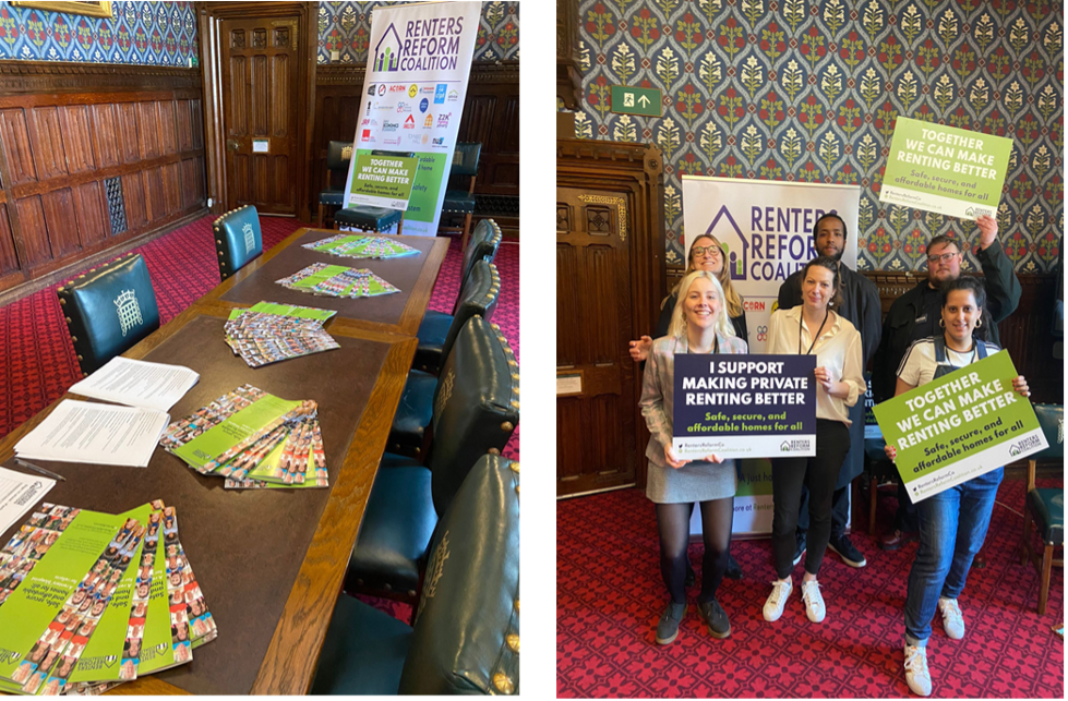 Launch of RRC policy blueprint in Parliament - photo of briefings on left and members with placards on right