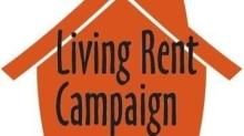 An orange image of a house with the words 'Living Rent Campaign' over it in black